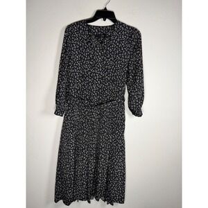 JADE Women's Black Floral Midi Dress Long Sleeve V Neck Belted Pleated